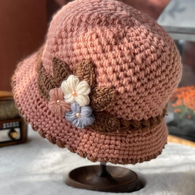 Verdickte Damen-Wollmütze mit Blumenmuster