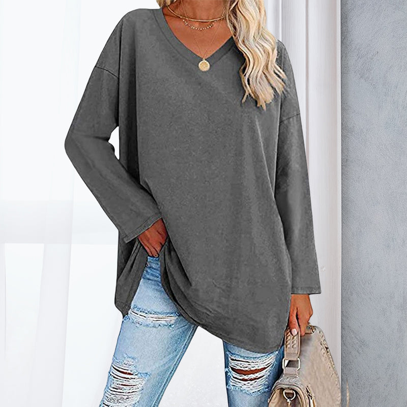 Damen Lockeres langärmeliges modisches V-Ausschnitt T-Shirt