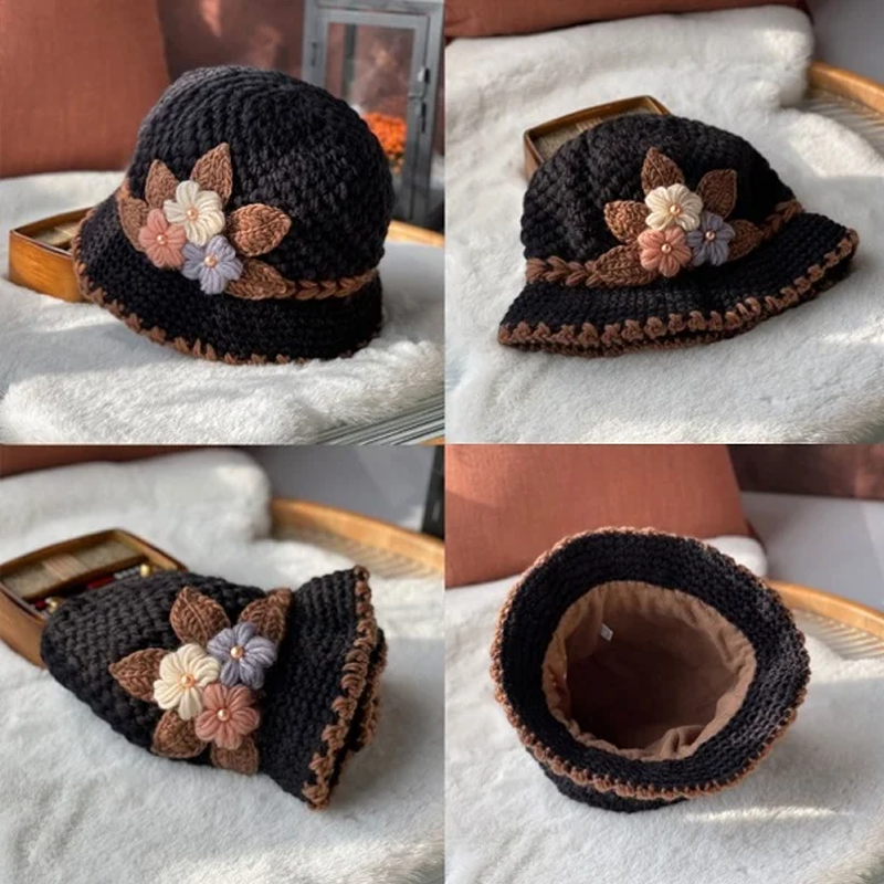 Verdickte Damen-Wollmütze mit Blumenmuster