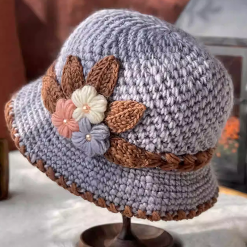 Verdickte Damen-Wollmütze mit Blumenmuster